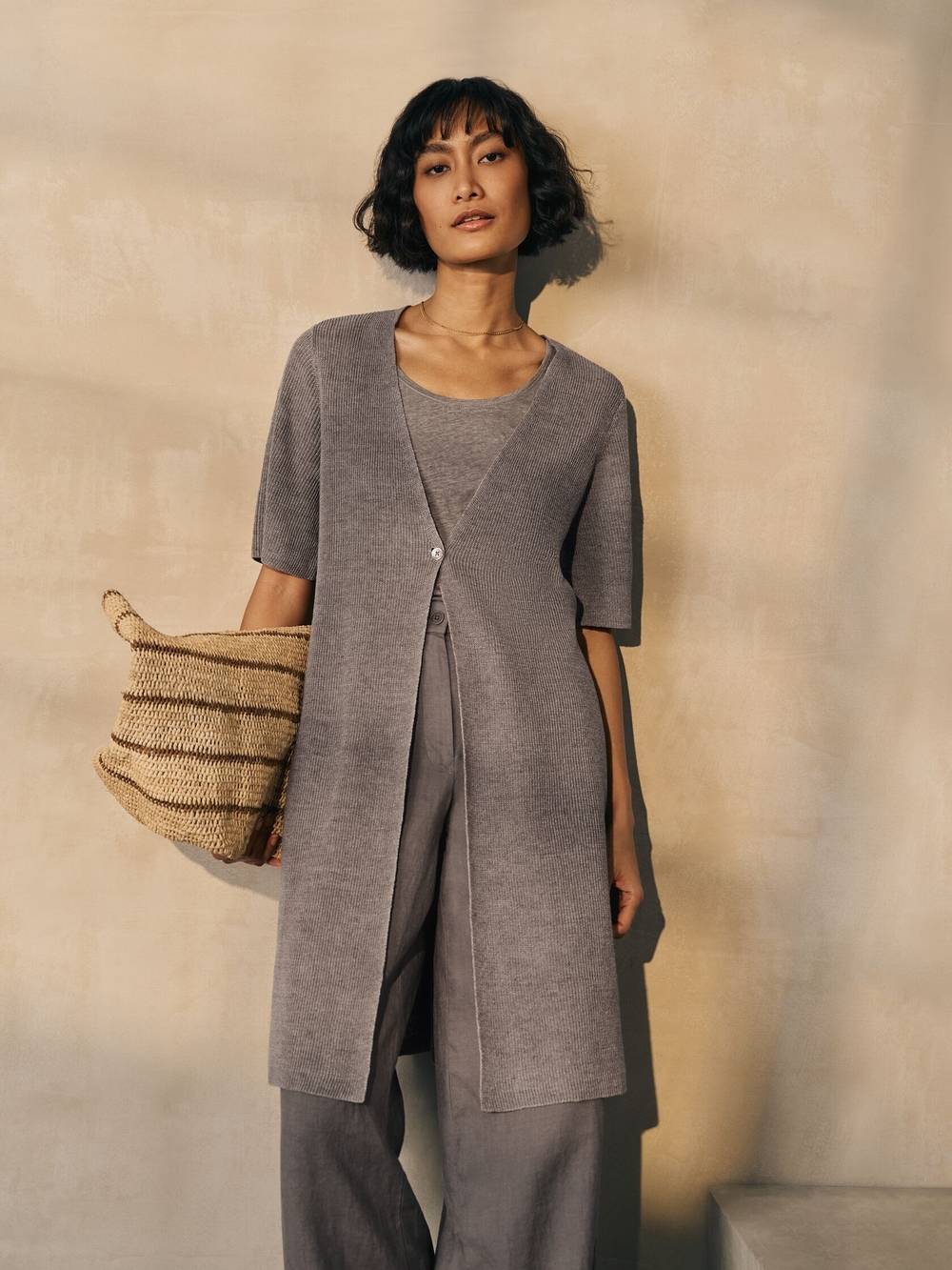 Eileen Fisher Cotton/ Rayon V Neck Long Duster Cardigan Knit Sweater